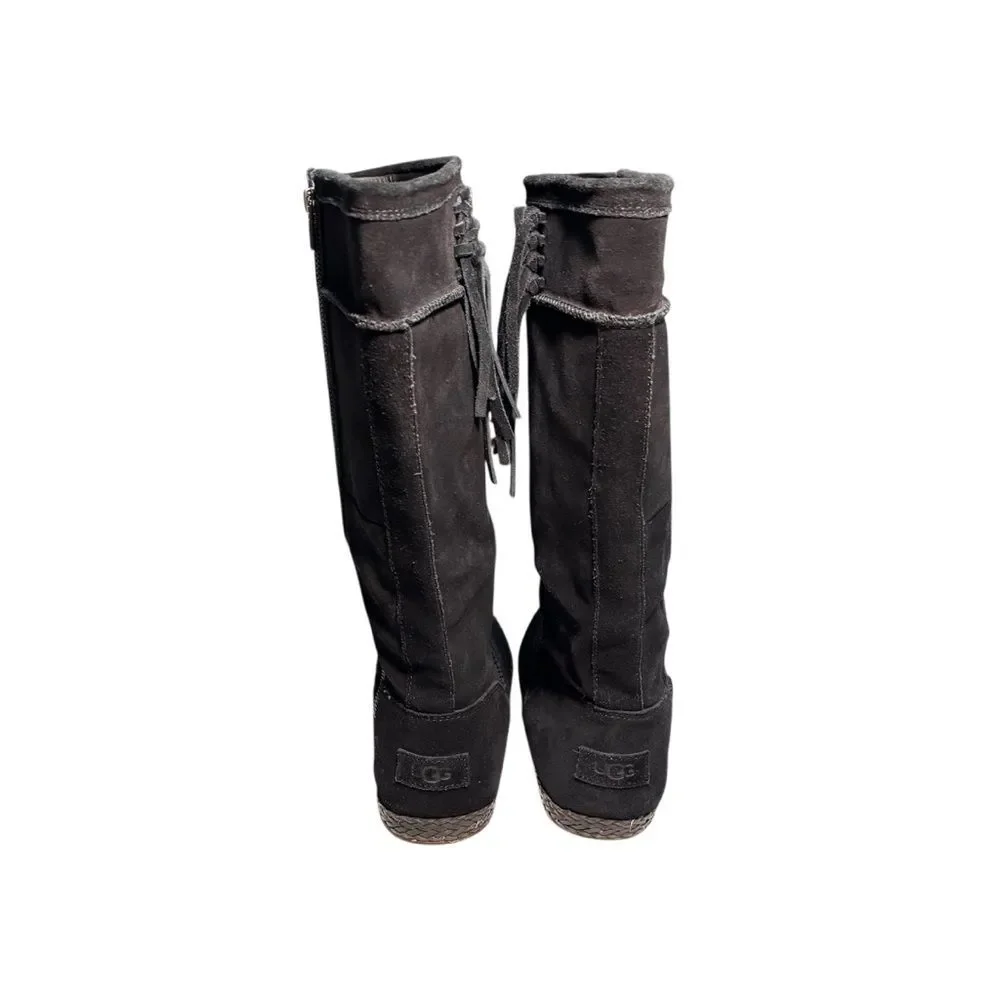 UGG Emerie Women’s Black Leather Suede Tall Moccasin Boots Zipper Tassels 10